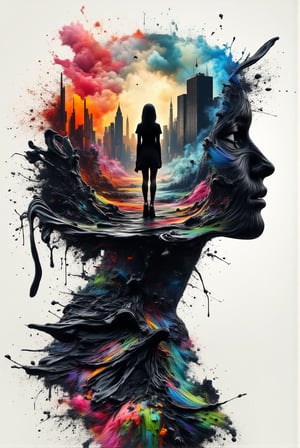 A stunning masterpiece of double exposure featuring a silhouette of a girl against the backdrop of a post-apocalyptic metropolis. The girl is rendered in crisp monochrome, standing out against the vibrant, full-color aftermath of the apocalypse. The underlying backdrop reveals the present-day city, still recognizable yet tarnished by destruction. The artwork showcases intricate details and high resolution, with a 3D render effect that adds depth and realism. The cinematic, illustrative style and painting-like quality make this a captivating poster-worthy piece. Created by the talented artist Skyrn99, it is a testament to their ability to blend different elements and styles seamlessly.