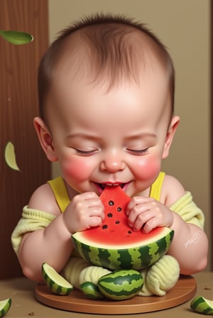 A stunningly adorable and intricately detailed concept art piece features a tiny baby, enjoying a watermelon. The baby, with plump cheeks, is holding a piece of watermelon with its cute, tiny hands and taking small, delicious bites. The eyes are closed in delight, accompanied by an innocent smile. The watermelon has intricate patterns and textures, showcasing the artist's exceptional level of detail. The background is a soft, warm, and welcoming atmosphere, perfectly complementing the overall charm of the scene.