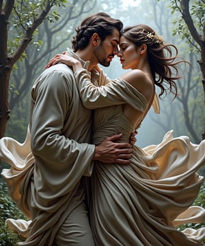 A stunning sculpture of passionate lovers, with intricate details and dynamic motion. The lovers are locked in an intense embrace, with their clothing flowing in the wind. The overall atmosphere of the sculpture is cinematic, with a sense of raw emotion and drama.