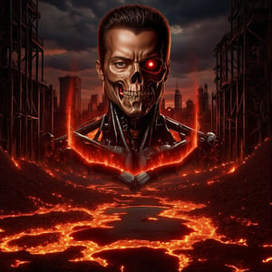 
A gritty, futuristic movie poster for Terminator 2: Judgment Day, featuring the iconic T-800 emerging from a fiery inferno. The cyborg's metallic skull is partially exposed beneath its charred face, its piercing red eye glowing ominously. The background is a dystopian cityscape with twisted steel structures, a river of molten lava, and a dark, stormy sky. The poster is action-packed, showcasing the groundbreaking special effects that defined this cinematic classic.