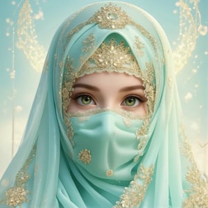 A photorealistic 3D render of a beautiful girl wearing a turquoise organza niqab with gold embroidery. The niqab covers her face, and only her large greenish-yellow shiny eyes and long eyelashes are visible. There are henna lace patterns near the eyes and shiny rhinestones. The background is airy and contains bohemian-style elements like arabesques and gold thread. The overall image has a bright glitter.