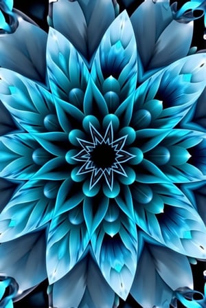 A mesmerizing digital artwork of a flower. The flower is intricately designed with layers of petals that spiral outwards in a beautiful, fractal pattern. The dominant colors are shades of blue and turquoise, with subtle hints of white. The center of the flower is darker, almost black, which contrasts with the lighter petals. The artwork is symmetrical, with the petals radiating outwards from the center in a harmonious manner.