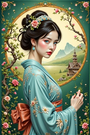  A Creative Masterpiece by Patrick Woodroffe and Alexander Jansson and Martin Stranka; a magnificent surreal scene within a cracked open half-circular yin-yang ancient stargate. The edge of the circle is decorated with twisted ancient bonsai with victorian cottages and glitter on it, A mesmerizing and intricate anime-inspired ukiyo-e poster illustration of a graceful woman, meticulously woven from elements of beauty and elegance. The delicate balance of colors creates a captivating visual, with soft tones of green and gold intertwined with subtle hints of greenery. The woman, adorned with intricate patterns and a delicate blue kimono, exudes serenity and an air of mystique. Her enchanting blue eyes add to her allure, while the dreamy, almost surreal quality of the painting emanates tranquility and harmony. The overall composition is a masterpiece that transcends time, blending traditional Japanese art with modern fashion and anime aesthetics.