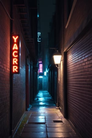 Masterpiece, Top Quality,  cinematic composition, sharp, details, hyper - detailed, hd, hdr, 4 k, 8k, detail XL,High, ((full shot 1:4)).
Generate an image of an alleyway by night.
A neon letter sign in the end saying warning.