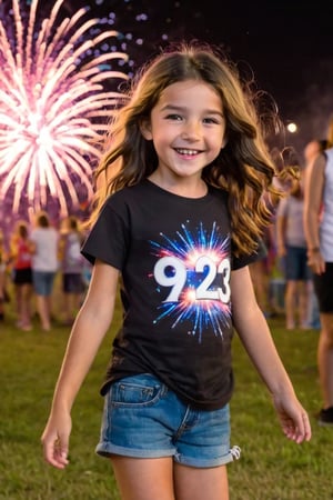 a cute shy blushing happy (9 year old girl) with wavy brown hair in a music festival, in front of a crowd.
full body seen. Fireworks in the sky.
"bye 2023" t-shirt, (flatchest), (flatchested), narrow waist,
she is flat chested, dancing, open legs,