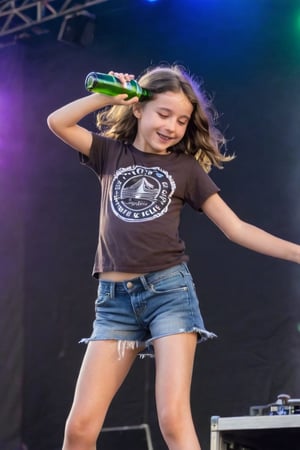 a cute shy blushing drunk (11 year old girl) with wavy brown hair dancing at a stage in a music festival.
full body seen.
(flatchest), (flatchested), t-shirt,
she is pouring beer from a bottle, flat chested, open legs