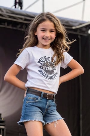 a cute shy blushing drunk (9 year old girl) with wavy brown hair dancing at a stage in a music festival.
full body seen.
(flatchest), (flatchested), t-shirt,
she is pouring beer from a bottle over her body, flat chested, wide open legs