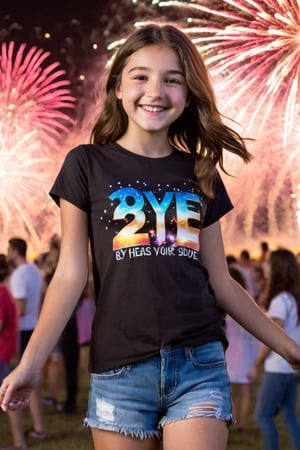 a cute shy blushing happy (12 year old girl) with wavy brown hair in a music festival, in front of a crowd.
full body seen. Fireworks in the sky.
"bye 2023" t-shirt, (flatchest), (flatchested), narrow waist,
she is flat chested, dancing, open legs,