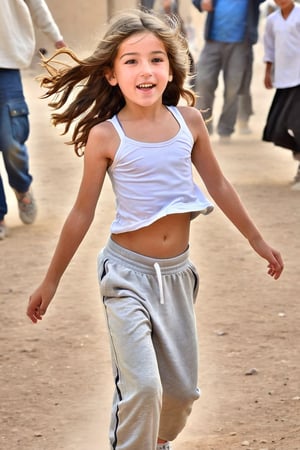 a cute white shy blushing (9 year old girl) with wavy brown hair in a dusty street of Afghanistan in front of a crowd.
full body seen, very young girl, sweet face,
(flatchest), (very flatchested 1:2), narrow waist,
she is flat chested, dancing, open legs, she is looking to the sky, dressed in tennis sportswear