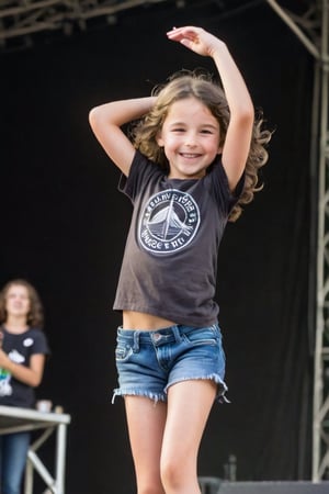 a cute shy blushing drunk (9 year old girl) with wavy brown hair dancing at a stage in a music festival.
full body seen.
(flatchest), (flatchested), t-shirt,
she is pouring beer from a bottle, flat chested, open legs