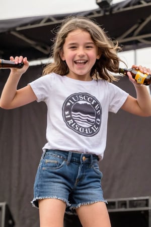 a cute shy blushing drunk (9 year old girl) with wavy brown hair dancing at a stage in a music festival.
full body seen.
(flatchest), (flatchested), t-shirt,
she is pouring beer from a bottle over her body, flat chested, wide open legs