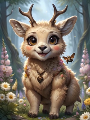 Big-eyed bees with furry body and happy smile  
And there are lots of deer and flowers around her