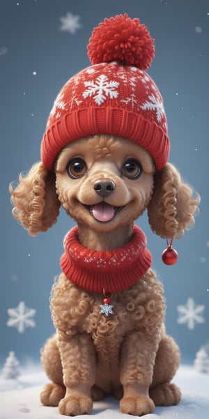 "cute little RED POODLE wearing red knitted winter hat. huge big round eyes. snowflakes around cartoon style, christmas theme, showcasing perfect body proportions and a flawlessly detailed head, in high definition.", 3d, C4D, mixer, Octane rendering, Masterpieces in pastel colors, Soft material, Best Quality, super detaill, High Quality, 4k, (3d, cute, chibi style), ((perfect high detailed image)),