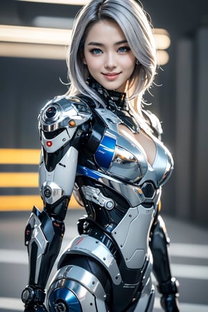 Best picture quality, high resolution, 8k, realistic, sharp focus, realistic image of elegant lady, Korean beauty, supermodel, pure light color hair, blue eyes, wearing high-tech cyberpunk style metallic mecha suit, radiant Glow, sparkling suit, mecha, perfectly customized high-tech suit, ice theme, custom design, 1 girl, smiling, swordup, looking at viewer, JeeSoo, break. robotic arms, robotic legs, robotic joint.