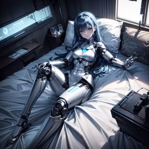 ((high resolution. 8K)), break. ((Illustraion and CG mixed style)), break. ((1 girl)), ((One android girl with archaic smile)), break. ((relax in the morning's bedroom)), ((lying on the double bed)), (background: a modern bedroom with a double bed), break. ((blue hair:1.3)), ((slender mechanical boby)),  ((brighten parts:1.2)), ((intricate internal structure)), break. ((Her body is painted by chrome and light colors)), break. robotic arms, robotic legs, robotic hands, ((robotic joint:1.2)), break. Cinematic angle, panorama, ultra fine quality, masterpiece, best quality, incredibly absurdres, fhighly detailed, sharp focus, (photon mapping, radiosity, physically-based rendering, automatic white balance)