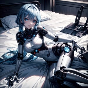 ((high resolution. 8K)), break. ((Illustraion and CG mixed style)), break. ((1 girl)), ((One android girl with archaic smile)), break. ((relax in the morning's bedroom)), ((lying on the double bed)), (background: a modern bedroom with a double bed), break. ((blue hair:1.3)), ((slender mechanical boby)),  ((brighten parts:1.2)), ((intricate internal structure)), break. ((Her body is painted by chrome and light colors)), break. robotic arms, robotic legs, robotic hands, ((robotic joint:1.2)), break. Cinematic angle, panorama, ultra fine quality, masterpiece, best quality, incredibly absurdres, fhighly detailed, sharp focus, (photon mapping, radiosity, physically-based rendering, automatic white balance)