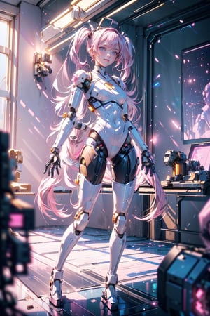 ((high resolution)), ((UHD)), ((incredibly absurdres)), break. ((One android girl with happy smile)), break. ((pink twintail hair:1.5)), ((upper body:1.5), ((looking at camera:1.2)), break. ((in the cyberstyle city)), ((slender boby)), ((intricate internal structure)), ((brighten parts:1.5)), break. ((extremely detailed mecha suit:1.2)), break. (robotic arms), (robotic legs), (robotic hands), ((robotic joint:1.3)), break. Cinematic angle, ultra fine quality, masterpiece, best quality, incredibly absurdres, fhighly detailed, sharp focus, (photon mapping, radiosity, physically-based rendering, automatic white balance), masterpiece, best quality, Mecha body, furure_urban, incredibly absurdres
