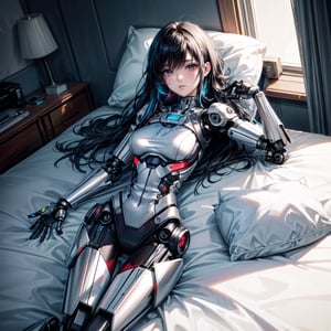 ((high resolution. 8K)), break. ((Illustraion and CG mixed style)), break. ((1 girl)), ((One android girl)), ((button of a mouth with hand)), break. ((black hair:1.3)), break. ((relax in the bedroom fill of sunlight)), ((lying on the double bed)), break. (background: a modern bedroom with a large bed), break. ((Her body is painted by chrome and light colors)), break. ((slender mechanical boby)), ((intricate internal structure)), ((colorful brighten parts:1.2)), break. ((robotic arms, robotic legs, robotic hands)), ((robotic joint:1.2)), break. Cinematic angle, panorama, ultra fine quality, masterpiece, best quality, incredibly absurdres, fhighly detailed, sharp focus, (photon mapping, radiosity, physically-based rendering, automatic white balance), masterpiece, best quality