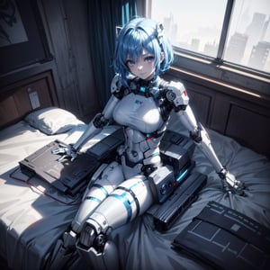 ((high resolution. 8K)), break. ((Illustraion and CG mixed style)), break. ((1 girl)), ((One android girl with archaic smile)), break. ((relax in the morning's bedroom)), ((lying on the double bed)), (background: a modern bedroom with a double bed), break. ((blue hair:1.3)), ((slender mechanical boby with brighten parts)), ((intricate internal structure)), break. ((Her body is painted by chrome and light colors)), break. robotic arms, robotic legs, robotic hands, ((robotic joint:1.3)), break. Cinematic angle, panorama, ultra fine quality, masterpiece, best quality, incredibly absurdres, fhighly detailed, sharp focus, (photon mapping, radiosity, physically-based rendering, automatic white balance)