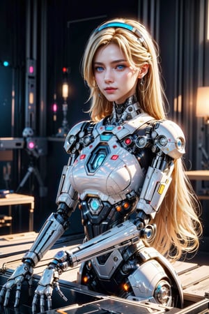 ((high resolution)), ((8K)), ((incredibly absurdres)), break. ((One android girl with archaic smile)), ((upper body:1.5)), ((blonde long hair:1.4)), break. ((in the cyberstyle city)), ((slender boby)), ((intricate internal structure)), ((brighten parts:1.3)), break. ((Her body is painted by chrome and light colors)), ((blue eyes:1.3)), break. ((robotic arms)), ((robotic legs)), ((robotic hands)), ((robotic joint:1.5)), break. Cinematic angle, ultra fine quality, masterpiece, best quality, incredibly absurdres, highly detailed, sharp focus, (photon mapping, radiosity, physically-based rendering, automatic white balance), masterpiece, best quality, Mecha body, furure_urban, incredibly absurdres, modelshoot style