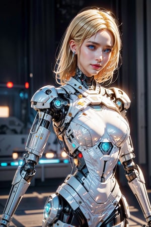 ((high resolution)), ((8K)), ((incredibly absurdres)), break. ((One android girl with archaic smile)), ((face close-up:1.5)), ((blonde hair:1.4)), break. ((in the cyberstyle city)), ((slender boby)), ((intricate internal structure)), ((brighten parts:1.3)), break. ((Her body is painted by chrome and light colors)), ((blue eyes:1.3)), break. ((robotic arms)), ((robotic legs)), ((robotic hands)), ((robotic joint:1.5)), break. Cinematic angle, ultra fine quality, masterpiece, best quality, incredibly absurdres, highly detailed, sharp focus, (photon mapping, radiosity, physically-based rendering, automatic white balance), masterpiece, best quality, Mecha body, furure_urban, incredibly absurdres, modelshoot style