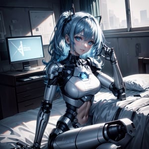 ((high resolution. 8K)), break. ((Illustraion and CG mixed style)), break. ((1 girl)), ((One android girl with archaic smile)), break. ((relax in the morning's bedroom)), ((lying on the double bed)), (background: a modern bedroom with a double bed), break. ((blue hair:1.3)), ((slender mechanical boby with brighten parts)), ((intricate internal structure)), break. ((Her body is painted by chrome and light colors)), break. robotic arms, robotic legs, robotic hands, ((robotic joint:1.3)), break. Cinematic angle, panorama, ultra fine quality, masterpiece, best quality, incredibly absurdres, fhighly detailed, sharp focus, (photon mapping, radiosity, physically-based rendering, automatic white balance)