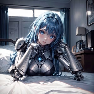 ((high resolution. 8K)), break. ((Illustraion and CG mixed style)), break. ((1 girl)), Japanese anime style android girl with archaic smile, break. ((relax in the morning's bedroom)), ((lying on her back, on the double bed)), (background: a modern bedroom with a double bed), break. ((blue hair:1.3)), ((slender mechanical boby with brighten parts)), ((intricate internal structure)), break. ((Her body is painted by chrome and light colors)), break. robotic arms, robotic legs, robotic hands, ((robotic joint:1.3)), break. Cinematic angle, panorama, ultra fine quality, masterpiece, best quality, incredibly absurdres, fhighly detailed, sharp focus, (photon mapping, radiosity, physically-based rendering, automatic white balance), masterpiece, best quality,masterpiece