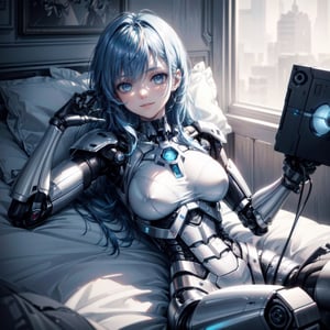 ((high resolution. 8K)), break. ((Illustraion and CG mixed style)), break. ((1 girl)), ((One android girl with archaic smile)), break. ((relax in the morning's bedroom)), ((lying on the double bed)), (background: a modern bedroom with a double bed), break. ((blue hair:1.3)), ((slender mechanical boby)), ((brighten parts:1.2)), ((intricate internal structure)), break. ((Her body is painted by chrome and light colors)), break. robotic arms, robotic legs, robotic hands, ((robotic joint:1.2)), break. Cinematic angle, panorama, ultra fine quality, masterpiece, best quality, incredibly absurdres, fhighly detailed, sharp focus, (photon mapping, radiosity, physically-based rendering, automatic white balance),masterpiece