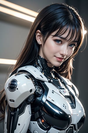 RAW picture, Best picture quality, high resolution, 8k, realistic, sharp focus, realistic image of elegant lady, Korean beauty, supermodel, break. long hair, wearing high-tech cyberpunk style mecha suit, wearing head gear, radiant Glow, sparkling suit, mecha, perfectly customized high-tech mecha suit, custom design, break. 1 girl, swordup, looking at viewer, smiling, close-up, break. (LED lighting parts on her body:1.2), (robotic arms), (robotic legs), (robotic hands), ((robotic joint)),robot
