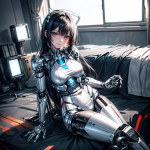 ((high resolution. 8K)), break. ((Illustraion and CG mixed style)), break. ((1 girl)), ((One android girl with archaic smile)), ((black hair:1.3)), break. ((relax in the bedroom fill of sunlight)), ((lying on the double bed)), (background: a modern bedroom with a double bed), break. ((slender mechanical boby)), ((intricate internal structure)), ((colorful brighten parts:1.2
)), break. ((Her body is painted by chrome and light colors)), break. ((robotic arms, robotic legs, robotic hands)), ((robotic joint:1.2)), break. Cinematic angle, panorama, ultra fine quality, masterpiece, best quality, incredibly absurdres, fhighly detailed, sharp focus, (photon mapping, radiosity, physically-based rendering, automatic white balance), masterpiece, best quality