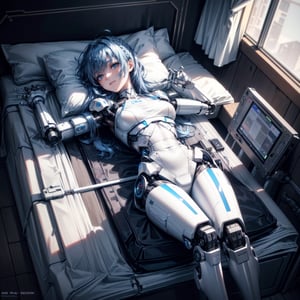 ((high resolution. 8K)), break. ((Illustraion and CG mixed style)), break. ((1 girl)), A android girl with archaic smile, break. ((relax in the morning's bedroom)), ((lying on her back, on the double bed)), (background: a modern bedroom with a double bed), break. ((blue hair:1.3)), ((slender mechanical boby with brighten parts)), ((intricate internal structure)), break. ((Her body is painted by chrome and light colors)), break. robotic arms, robotic legs, robotic hands, ((robotic joint:1.3)), break. Cinematic angle, panorama, ultra fine quality, masterpiece, best quality, incredibly absurdres, fhighly detailed, sharp focus, (photon mapping, radiosity, physically-based rendering, automatic white balance)