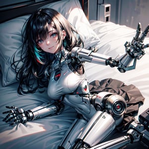 ((high resolution. 8K)), break. ((Illustraion and CG mixed style)), break. ((1 girl)), ((One android girl with archaic smile)), ((black hair:1.3)), break. ((relax in the bedroom fill of sunlight)), ((lying on the double bed)), (background: a modern bedroom with a double bed), break. ((slender mechanical boby)), ((intricate internal structure)), ((colorful brighten parts:1.2
)), break. ((Her body is painted by chrome and light colors)), break. ((robotic arms, robotic legs, robotic hands)), ((robotic joint:1.2)), break. Cinematic angle, panorama, ultra fine quality, masterpiece, best quality, incredibly absurdres, fhighly detailed, sharp focus, (photon mapping, radiosity, physically-based rendering, automatic white balance), masterpiece, best quality