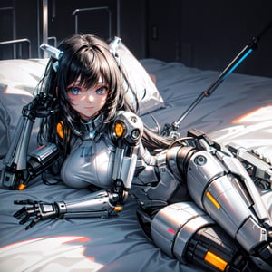 ((high resolution. 8K)), break. ((Illustraion and CG mixed style)), break. ((1 girl)), ((One android girl with archaic smile)), ((black hair:1.3)), break. ((relax in the bedroom fill of sunlight)), ((lying on the double bed)), (background: a modern bedroom with a double bed), break. ((slender mechanical boby)), ((intricate internal structure)), ((colorful brighten parts:1.2
)), break. ((Her body is painted by chrome and light colors)), break. ((robotic arms, robotic legs, robotic hands)), ((robotic joint:1.2)), break. Cinematic angle, panorama, ultra fine quality, masterpiece, best quality, incredibly absurdres, fhighly detailed, sharp focus, (photon mapping, radiosity, physically-based rendering, automatic white balance), masterpiece, best quality