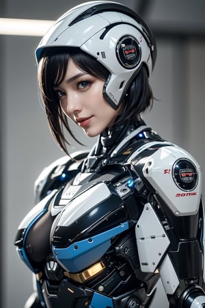 RAW picture, Best picture quality, high resolution, 8k, realistic, sharp focus, realistic image of elegant lady, Korean beauty, supermodel, break. short hair, wearing high-tech cyberpunk style mecha suit, wearing head gear, radiant Glow, sparkling suit, mecha, perfectly customized high-tech mecha suit, custom design, break. 1 girl, swordup, looking at viewer, smiling, close-up, break. (LED lighting parts on her body:1.2), (robotic arms), (robotic legs), (robotic hands), ((robotic joint)),robot