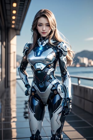RAW photo, Best picture quality, high resolution, 8k, HDR, highres, (absurdres:1.2), realistic, sharp focus, realistic image of elegant lady, Korean beauty, supermodel, break. (1 girl), (red long hair:1.3), swordup, looking at viewer, smiling, break. (wearing high-tech cyberpunk style chrome mecha suit), radiant Glow, sparkling suit, mecha, break. (sliver eyes:1.3), (put hands on her hip), perfectly customized high-tech mecha suit, custom design, break. (blue sky), (lakeside:1.3), (beautiful landscape painting:1.3), break. (LED lighting parts on her body:1.2), (robotic arms), (robotic legs), (robotic hands), (robotic joint), robot, roblit