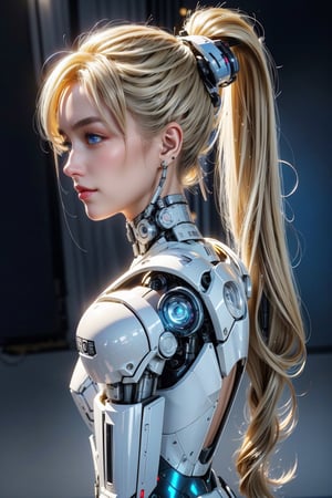 ((high resolution)), ((8K)), ((incredibly absurdres)), break. ((One android girl with archaic smile)), ((about 15 years old)), break. ((full body:1.5)), ((blonde ponytail hair:1.3)), ((back view:1.3)), break. ((in the cyberstyle city)), ((slender boby)), ((intricate internal structure)), ((brighten parts:1.3)), break. ((Her body is painted by chrome and light colors)), ((blue eyes:1.3)), break. ((robotic arms)), ((robotic legs)), ((robotic hands)), ((robotic joint:1.5)), break. Cinematic angle, ultra fine quality, masterpiece, best quality, incredibly absurdres, highly detailed, sharp focus, (photon mapping, radiosity, physically-based rendering, automatic white balance), masterpiece, best quality, Mecha body, furure_urban, incredibly absurdres, modelshoot style,Exquisite face