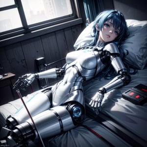 ((high resolution. 8K)), break. ((Illustraion and CG mixed style)), break. ((1 girl)), A android girl with archaic smile, break. ((relax in the morning's bedroom)), ((lying on the double bed)), (background: a modern bedroom with a double bed), break. ((blue hair:1.3)), ((slender mechanical boby with brighten parts)), ((intricate internal structure)), break. ((Her body is painted by chrome and light colors)), break. robotic arms, robotic legs, robotic hands, ((robotic joint:1.3)), break. Cinematic angle, panorama, ultra fine quality, masterpiece, best quality, incredibly absurdres, fhighly detailed, sharp focus, (photon mapping, radiosity, physically-based rendering, automatic white balance)