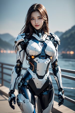 RAW photo, Best picture quality, high resolution, 8k, HDR, highres, (absurdres:1.2), realistic, sharp focus, realistic image of elegant lady, Korean beauty, supermodelbreak. 1 girl, (red long hair:1.3), swordup, looking at viewer, smiling, break. (wearing high-tech cyberpunk style chrome mecha suit), radiant Glow, sparkling suit, mecha, break. (sliver eyes:1.3), perfectly customized high-tech mecha suit, custom design, break. (lakeside:1.3), (beautiful landscape painting:1.3), break. (LED lighting parts on her body:1.2), (robotic arms), (robotic legs), (robotic hands), (robotic joint), robot, roblit