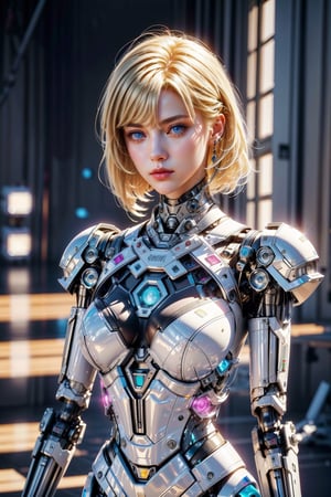((high resolution)), ((8K)), ((incredibly absurdres)), break. ((One android girl)), ((upper body:1.5)), ((blonde hair:1.4)), break. ((in the cyberstyle city)), ((slender boby)), ((intricate internal structure)), ((brighten parts:1.3)), break. ((Her body is painted by chrome and light colors)), ((blue eyes:1.3)), break. ((robotic arms)), ((robotic legs)), ((robotic hands)), ((robotic joint:1.5)), break. Cinematic angle, ultra fine quality, masterpiece, best quality, incredibly absurdres, highly detailed, sharp focus, (photon mapping, radiosity, physically-based rendering, automatic white balance), masterpiece, best quality, Mecha body, furure_urban, incredibly absurdres, modelshoot style