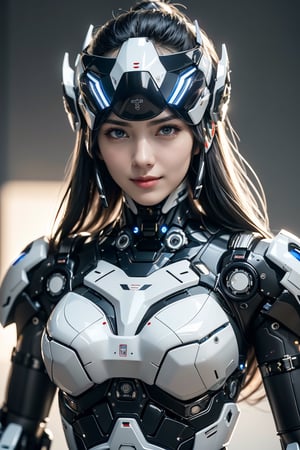 RAW picture, Best picture quality, high resolution, 8k, realistic, sharp focus, realistic image of elegant lady, Korean beauty, supermodel, break. sliver long hair, wearing high-tech cyberpunk style mecha suit, (wearing head gear with cyberstyle visor:1.1), radiant Glow, sparkling suit, mecha, perfectly customized high-tech mecha suit, custom design, break. 1 girl, swordup, looking at viewer, smiling, (close-up:1.2), break. (LED lighting parts on her body:1.2), (robotic arms), (robotic legs), (robotic hands), ((robotic joint)),robot