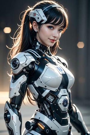 RAW picture, Best picture quality, high resolution, 8k, realistic, sharp focus, realistic image of elegant lady, Korean beauty, supermodel, break. sliver long hair, wearing high-tech cyberpunk style mecha suit, wearing head gear, cyberstyle visor, radiant Glow, sparkling suit, mecha, perfectly customized high-tech mecha suit, custom design, break. 1 girl, swordup, looking at viewer, smiling, close-up, break. (LED lighting parts on her body:1.2), (robotic arms), (robotic legs), (robotic hands), ((robotic joint)),robot