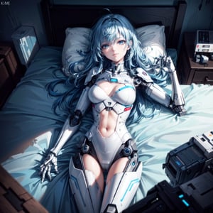 ((high resolution. 8K)), break. ((Illustraion and CG mixed style)), break. ((1 girl)), ((One android girl with archaic smile)), break. ((relax in the morning's bedroom)), ((lying on the double bed)), (background: a modern bedroom with a double bed), break. ((blue hair:1.3)), ((slender mechanical boby with brighten parts)), ((intricate internal structure)), break. ((Her body is painted by chrome and light colors)), break. robotic arms, robotic legs, robotic hands, ((robotic joint:1.2)), break. Cinematic angle, panorama, ultra fine quality, masterpiece, best quality, incredibly absurdres, fhighly detailed, sharp focus, (photon mapping, radiosity, physically-based rendering, automatic white balance)