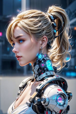 ((high resolution)), ((8K)), ((incredibly absurdres)), break. ((One android girl with archaic smile)), ((about 15 years old)), break. ((full body:1.3)), ((blonde ponytail hair:1.3)), ((back view:1.3)), break. ((in the cyberstyle city)), ((slender boby)), ((intricate internal structure)), ((brighten parts:1.3)), break. ((Her body is painted by chrome and light colors)), ((blue eyes:1.3)), break. ((robotic arms)), ((robotic legs)), ((robotic hands)), ((robotic joint:1.5)), break. Cinematic angle, ultra fine quality, masterpiece, best quality, incredibly absurdres, highly detailed, sharp focus, (photon mapping, radiosity, physically-based rendering, automatic white balance), masterpiece, best quality, Mecha body, furure_urban, incredibly absurdres, modelshoot style,Exquisite face