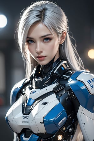 RAW photo, Best picture quality, high resolution, 8k, HDR, highres, (absurdres:1.2), realistic, sharp focus, realistic image of elegant lady, Korean beauty, supermodel, pure white hair, blue eyes, wearing high-tech cyberpunk style blue mecha suit, radiant Glow, sparkling suit, mecha, perfectly customized high-tech suit, ice theme, custom design, 1 girl, swordup, looking at viewer, robot,  lens flare, (vibrant color:1.2)
