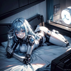 ((high resolution. 8K)), break. ((Illustraion and CG mixed style)), break. ((1 girl)), ((One android girl with archaic smile)), break. ((relax in the morning's bedroom)), ((lying on the double bed)), (background: a modern bedroom with a double bed), break. ((blue hair:1.3)), ((slender mechanical boby with brighten parts)), ((intricate internal structure)), break. ((Her body is painted by chrome and light colors)), break. robotic arms, robotic legs, robotic hands, ((robotic joint:1.3)), break. Cinematic angle, panorama, ultra fine quality, masterpiece, best quality, incredibly absurdres, fhighly detailed, sharp focus, (photon mapping, radiosity, physically-based rendering, automatic white balance)