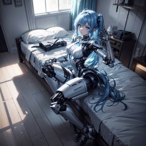 ((high resolution. 8K)), break. ((Illustraion and CG mixed style)), break. ((1 girl)), Japanese anime style android girl with archaic smile, break. ((relax in the morning's bedroom)), ((lying on her back, on the double bed)), (background: a modern bedroom with a double bed), break. ((blue hair:1.3)), ((slender mechanical boby with brighten parts)), ((intricate internal structure)), break. ((Her body is painted by chrome and light colors)), break. robotic arms, robotic legs, robotic hands, ((robotic joint:1.3)), break. Cinematic angle, panorama, ultra fine quality, masterpiece, best quality, incredibly absurdres, fhighly detailed, sharp focus, (photon mapping, radiosity, physically-based rendering, automatic white balance), masterpiece, best quality,masterpiece