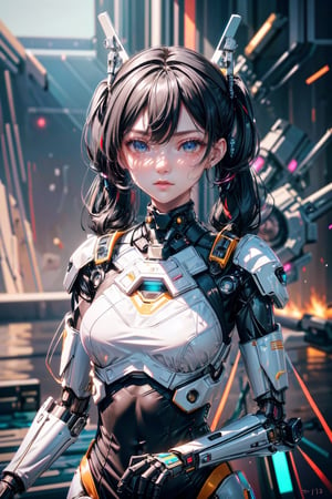 ((high resolution)), ((UHD)), ((incredibly absurdres)), break. ((One android girl)), break. ((black twintail hair:1.5)), ((upper body:1.5)), ((looking at camera:1.3)), break. ((in the cyberstyle city)), ((slender boby)), ((intricate internal structure)), ((brighten line on the mecha suit:1.5)), break. ((extremely detailed mecha suit:1.2)), break. (robotic arms), (robotic legs), (robotic hands), ((robotic joint:1.2)), break. Cinematic angle, ultra fine quality, masterpiece, best quality, incredibly absurdres, fhighly detailed, sharp focus, (photon mapping, radiosity, physically-based rendering, automatic white balance), masterpiece, best quality, Mecha body, furure_urban, incredibly absurdres