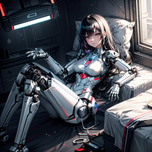 ((high resolution. 8K)), break. ((Illustraion and CG mixed style)), break. ((1 girl)), ((One android girl)), ((black hair:1.3)), break. ((relax in the bedroom fill of sunlight)), ((lying on the double bed)), (background: a modern bedroom with a double bed), break. ((slender mechanical boby)), ((intricate internal structure)), ((colorful brighten parts:1.3
)), break. ((Her body is painted by chrome and light colors)), break. ((robotic arms, robotic legs, robotic hands)), ((robotic joint:1.2)), break. Cinematic angle, panorama, ultra fine quality, masterpiece, best quality, incredibly absurdres, fhighly detailed, sharp focus, (photon mapping, radiosity, physically-based rendering, automatic white balance), masterpiece, best quality