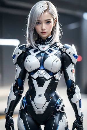 Best picture quality, high resolution, 8k, realistic, sharp focus, realistic image of elegant lady, Korean beauty, supermodel, pure white hair, blue eyes, wearing high-tech cyberpunk style blue mecha suit, radiant Glow, sparkling suit, mecha, perfectly customized high-tech suit, ice theme, custom design, 1 girl,swordup, looking at viewer,JeeSoo 