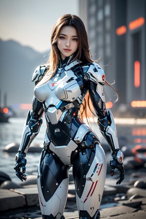 RAW photo, Best picture quality, high resolution, 8k, HDR, highres, (absurdres:1.2), realistic, sharp focus, realistic image of elegant lady, Korean beauty, supermodelbreak. 1 girl, (red long hair:1.3), swordup, looking at viewer, smiling, break. (wearing high-tech cyberpunk style chrome mecha suit), radiant Glow, sparkling suit, mecha, break. (sliver eyes:1.3), perfectly customized high-tech mecha suit, custom design, break. (lakeside:1.3), (beautiful landscape painting:1.3), break. (LED lighting parts on her body:1.2), (robotic arms), (robotic legs), (robotic hands), (robotic joint), robot, roblit